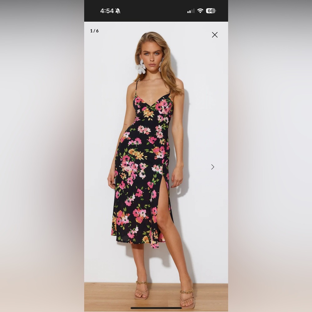 Rumor Black Midi Dress with Pink Floral Design